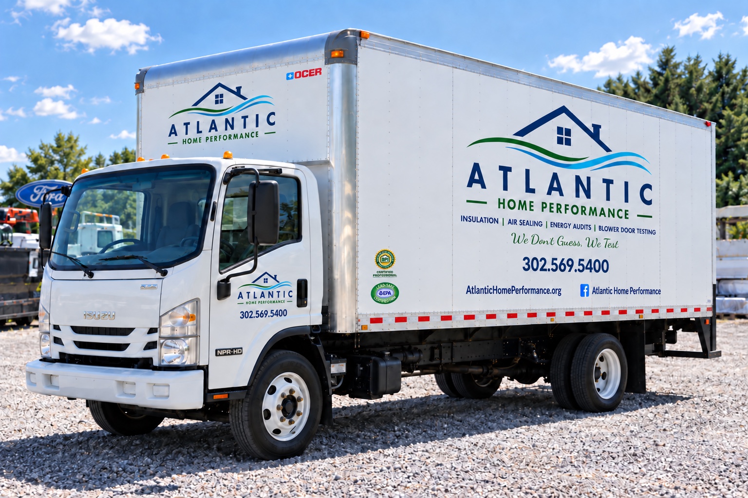 Atlantic Home Performance truck with company branding, phone number and website